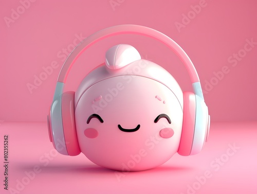 3d pink character smiling using headset