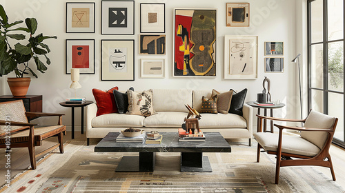 A modern living room with an artfully arranged gallery wall.