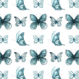Butterflies, moths, insects, painted in watercolor. Seamless pattern in a beautiful monochrome color scheme, a shade of indigo. For decoration of interior textiles, tableware, clothes, accessories.