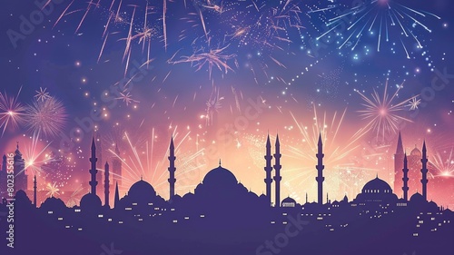 city skyline with minarets and domes outlined against a sky filled with fireworks   symbolizing the celebration of the Islamic New Year