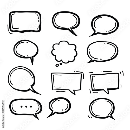 Collection of various hand-drawn speech bubbles in black outlined style on a white background.