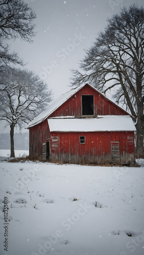 Rustic barn blanketed in snow, standing as a timeless symbol of rural charm and winter beauty.