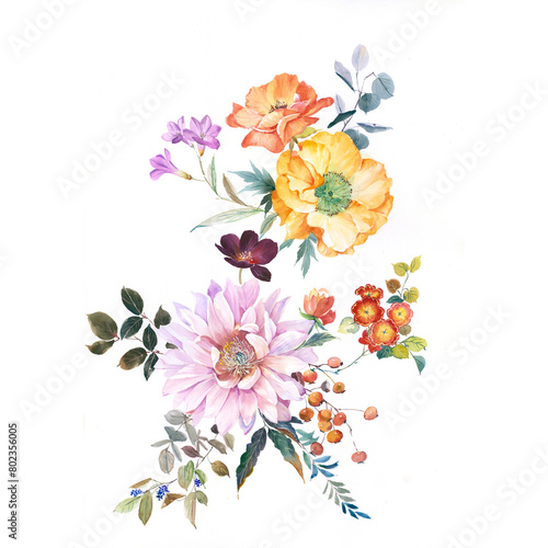 AquaBloom Watercolor Flowers and Leaves Illustration Collection © liufen