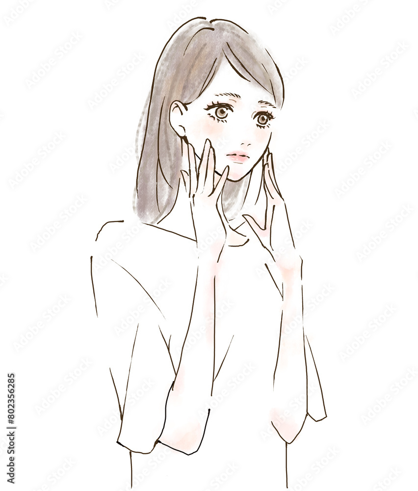 肌ストレスに悩む女性のイラスト 水彩風