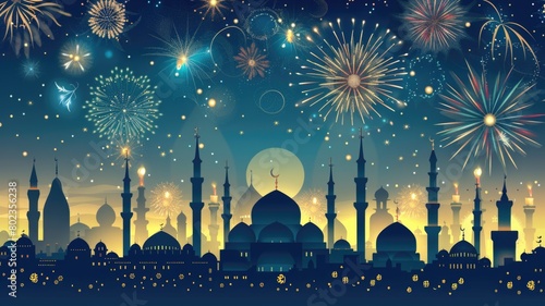 city skyline with minarets and domes outlined against a sky filled with fireworks , symbolizing the celebration of the Islamic New Year photo