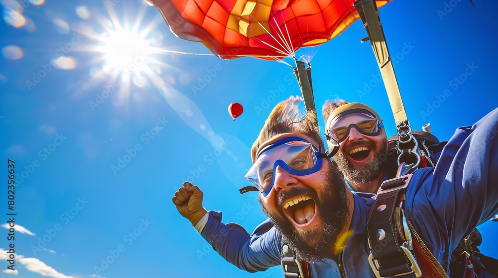 A man skydiving with great excitement, vibrant blue sky in the background, A man skydiving with great excitement, vibrant blue sky in the background,