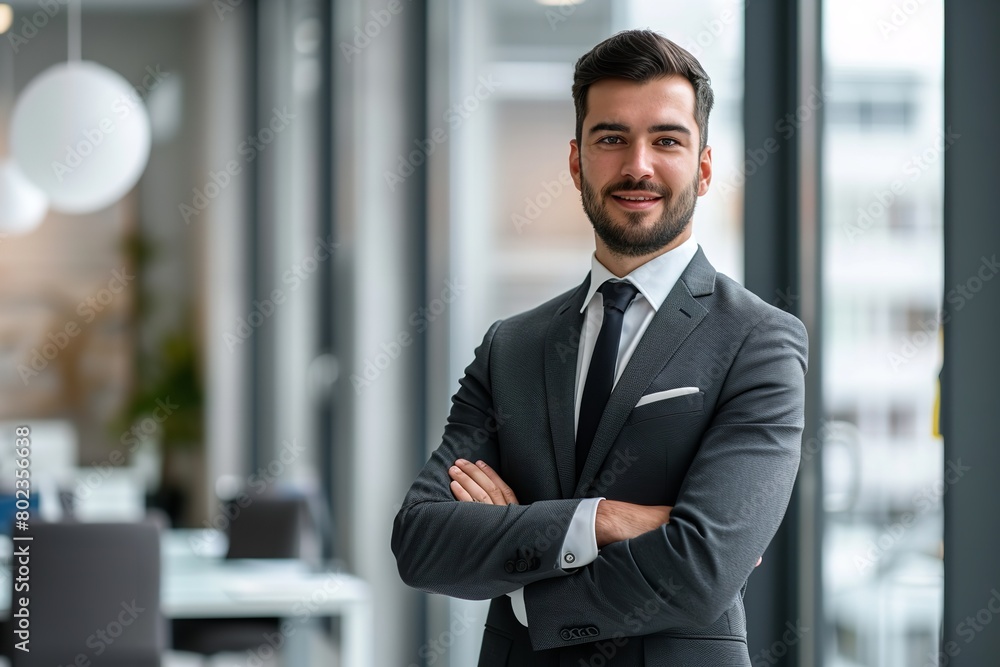 Confident businessman in a tailored suit standing in a modern office environment Confident businessman in a tailored suit standing in a modern office environment