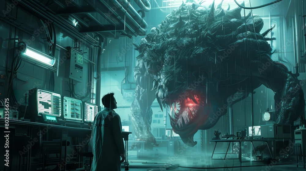 futuristic laboratory where a distorted reflection reveals a monstrous ...