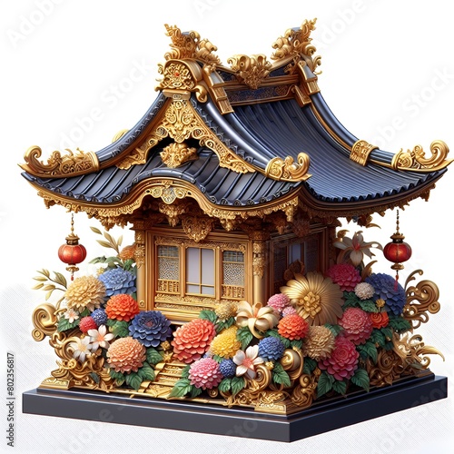 A beautifully adorned golden pagoda surrounded by flowers and decorations