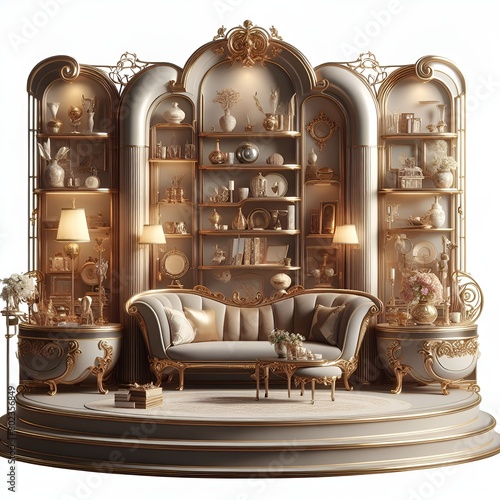  A stylish gold and white living room featuring a couch and a bookshelf © Micro