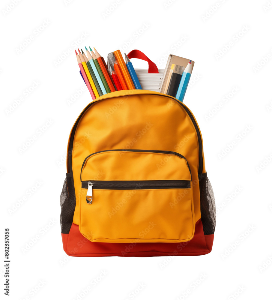 Fully packed school backpack with colorful stationery, books, and pens, isolated on transparent background. Generative AI Fully packed school backpack with colorful stationery, books, and pens, isolated on transparent background. Generative AI