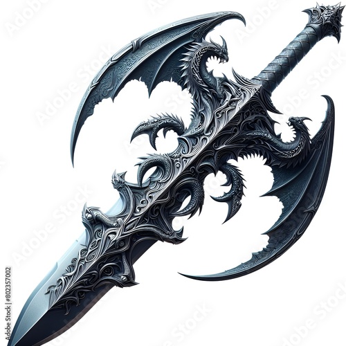 Vector art of a sword featuring a dragon design. © Micro