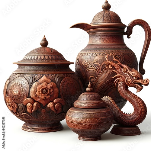 Three dragon-themed pottery pieces: a vase, a plate, and a bowl © Micro