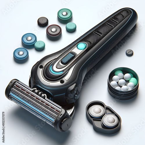 A white surface showcasing a razor and other items
