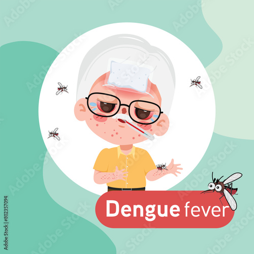 Dengue fever. Senior man high fever and a red rash on her arms. Elderly bitten by mosquitoes, Zika virus ,malaria or yellow fever.