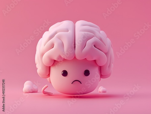 sad cute 3d brain character, pink background