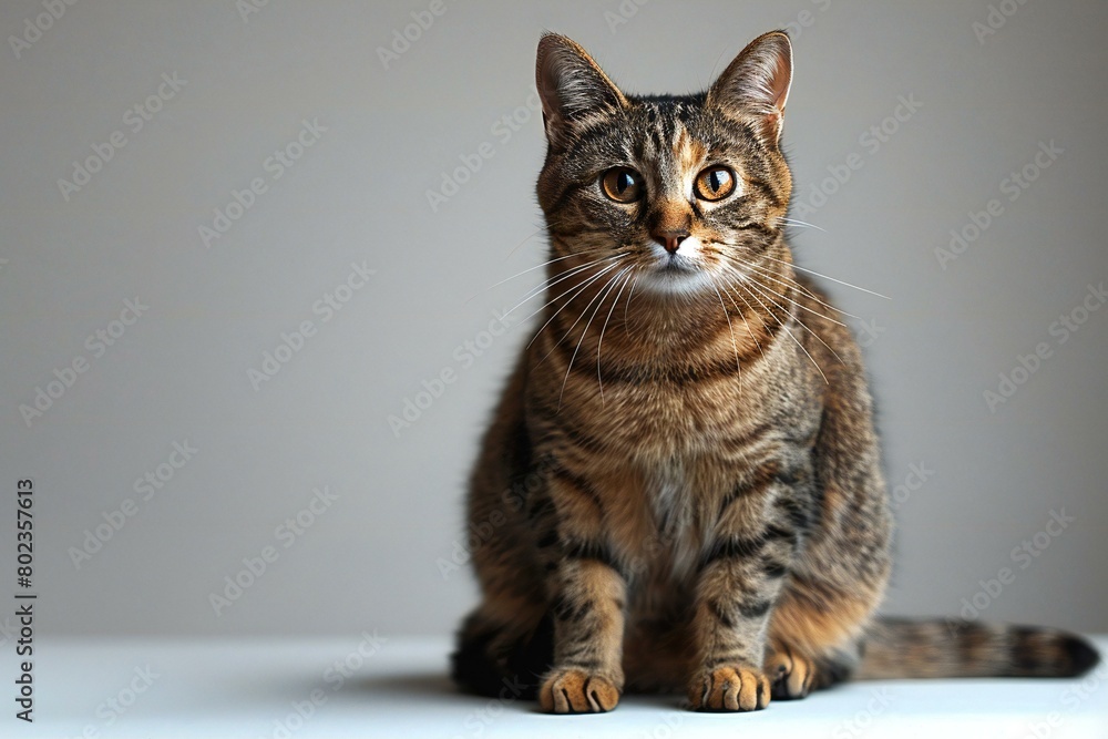 Cute tabby cat sitting on white table and looking at camera