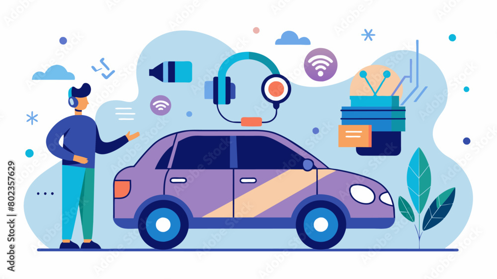 Fototapeta premium A rental car company offering modified vehicles with noisecancelling technology and adjustable lighting for neurodivergent drivers.. Vector illustration