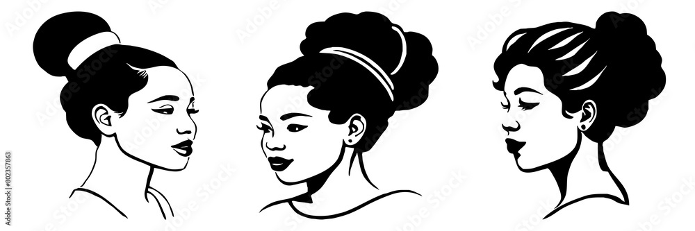 Fictional female character. Black and white illustration. Logo design for use in graphics. Generated by Ai