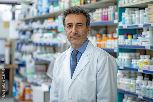 a male pharmacist standing confidently in a well-organized pharmacy full of medicinal products. © antusher