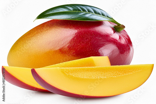 Isolated mango. Fresh organic mango with leaves isolated clipping path. Mango macro studio photo.
