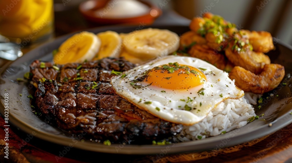 The cuisine of Bolivia. Lomo mentado is a steak with rice, egg and fried bananas. The cuisine of Bolivia. Lomo mentado is a steak with rice, egg and fried bananas.