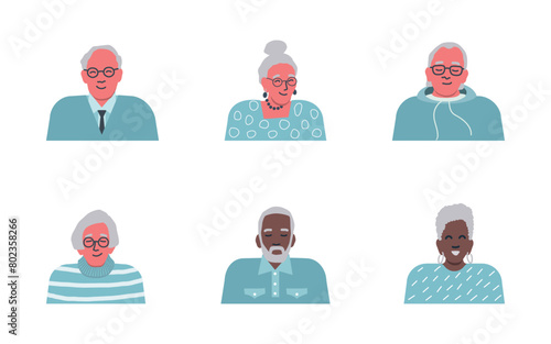 Elderly People icons. Senior Men. Senior Women. Different hair styling and clothing. Funky flat style. Vector illustration on white