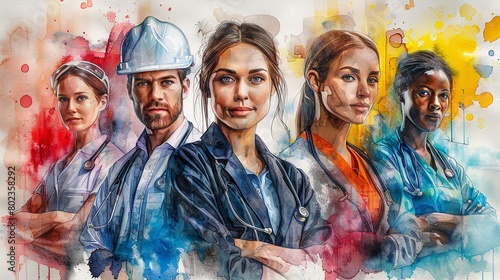 a watercolor painting featuring a diverse group of professionals