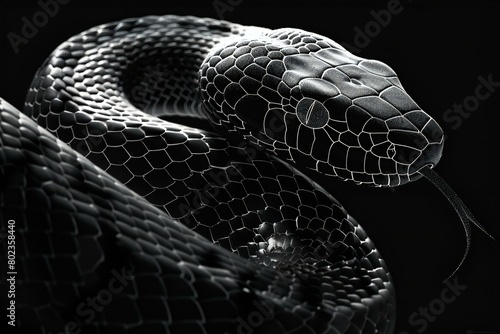 Close-up of a snake in black and white,   rendering photo