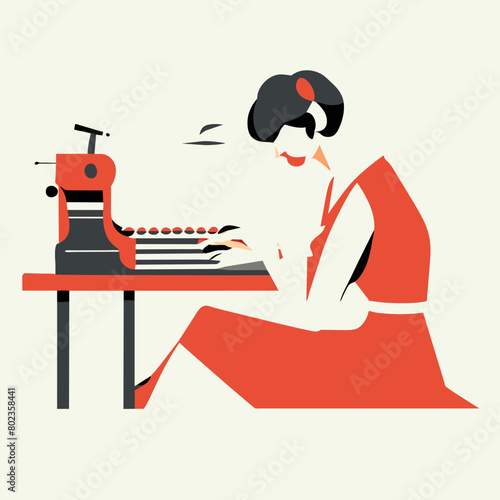 a screenwriter typing on a red typewriter, vector illustration flat 2 photo