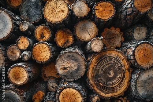 Wooden logs stacked in a pile as a background  top view