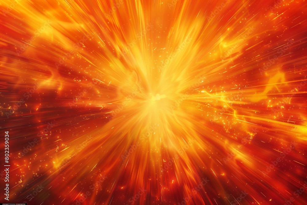 A dynamic background with an explosive burst pattern in shades of orange and red, resembling a fiery sunrise.