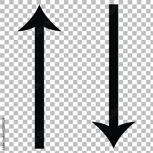 Simple up and down arrows. Upward, downward arrows in isolated on white background, set of two. Flat style. Up and down arrow icon.