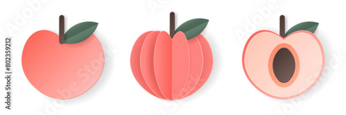 Set of 3d papercut peach sliced cutout stone fruit. Summer layered fruits. Juicy food elements for restaurant, food, drinks, bars, recipes, summer, sweets, vegan, social media, presentation design.