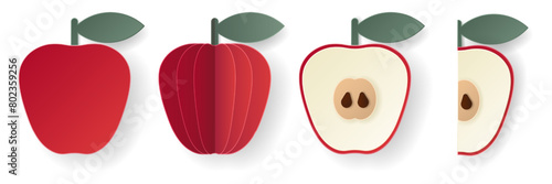 Set of 3d papercut apple sliced cutout pome fruit. Summer layered fruits. Juicy food elements for restaurant, food, drinks, bars, recipes, summer, sweets, vegan, social media, presentation design.