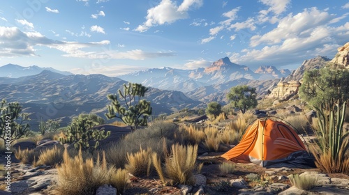oasis with a virtual reality long shot of wilderness camping, featuring unique camera perspectives that evoke a sense of adventure and awe Perfect for showcasing the bea photo