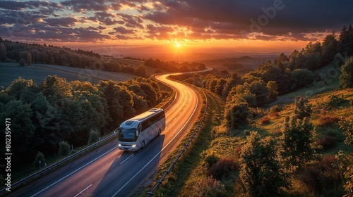 a white shuttle bus driving down a scenic morning road outside of town. Generative ai