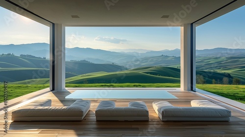 Tranquil Oasis  Panoramic Balcony with Countryside View. Perfect for showcasing modern architecture  promoting outdoor living spaces  or inspiring dream home designs. Generative ai