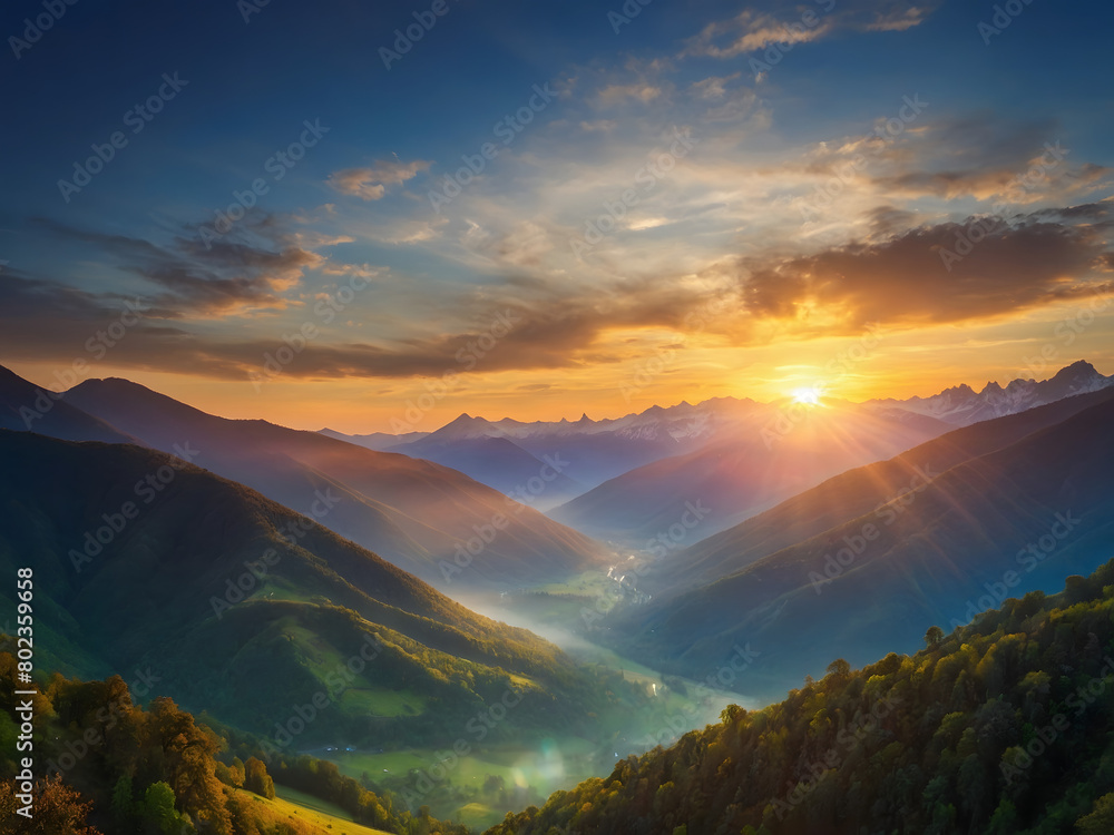 Spectacular sunrise panorama unfolding in the mountain valley, showcasing the beauty and tranquility of dawn in nature.