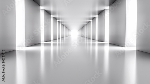 Long hallway in perspective with white walls