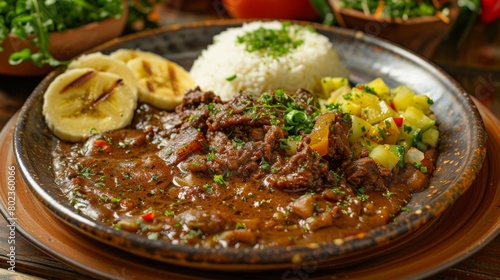 The cuisine of Bolivia. Masako is a puree of bananas and alpaca meat.