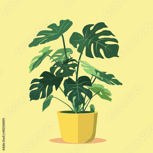 Vibrant Monstera plant in a yellow pot against a pale yellow background.