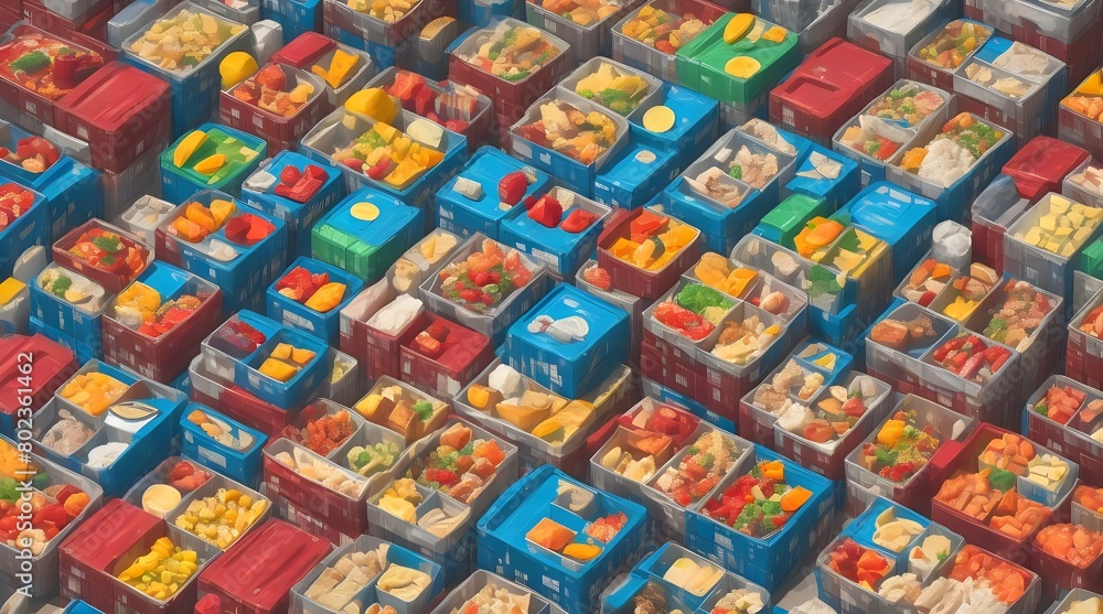 Many containers with delicious food on color background.generative.ai 