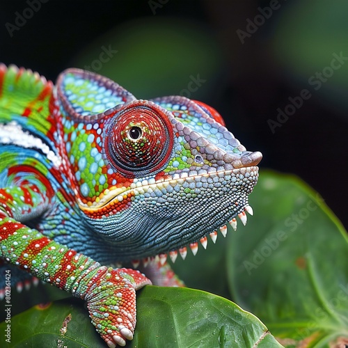 Close up of colorful chameleon on green leaf in the forest photo