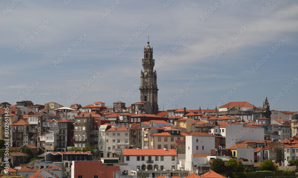 Porto city landscape, typical old area with Clérigos Tower in the center