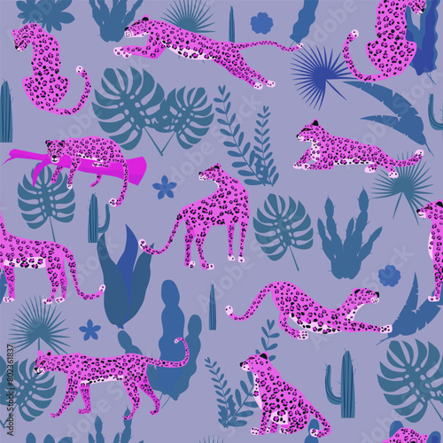 Leopard pink seamless pattern with tropical leaves