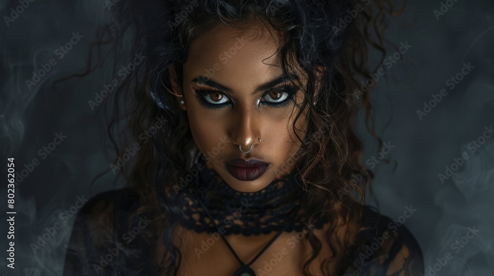 Teen Indian Woman with Brown Curly Hair Goth style Illustration. Teen Indian Woman with Brown Curly Hair Goth style Illustration.