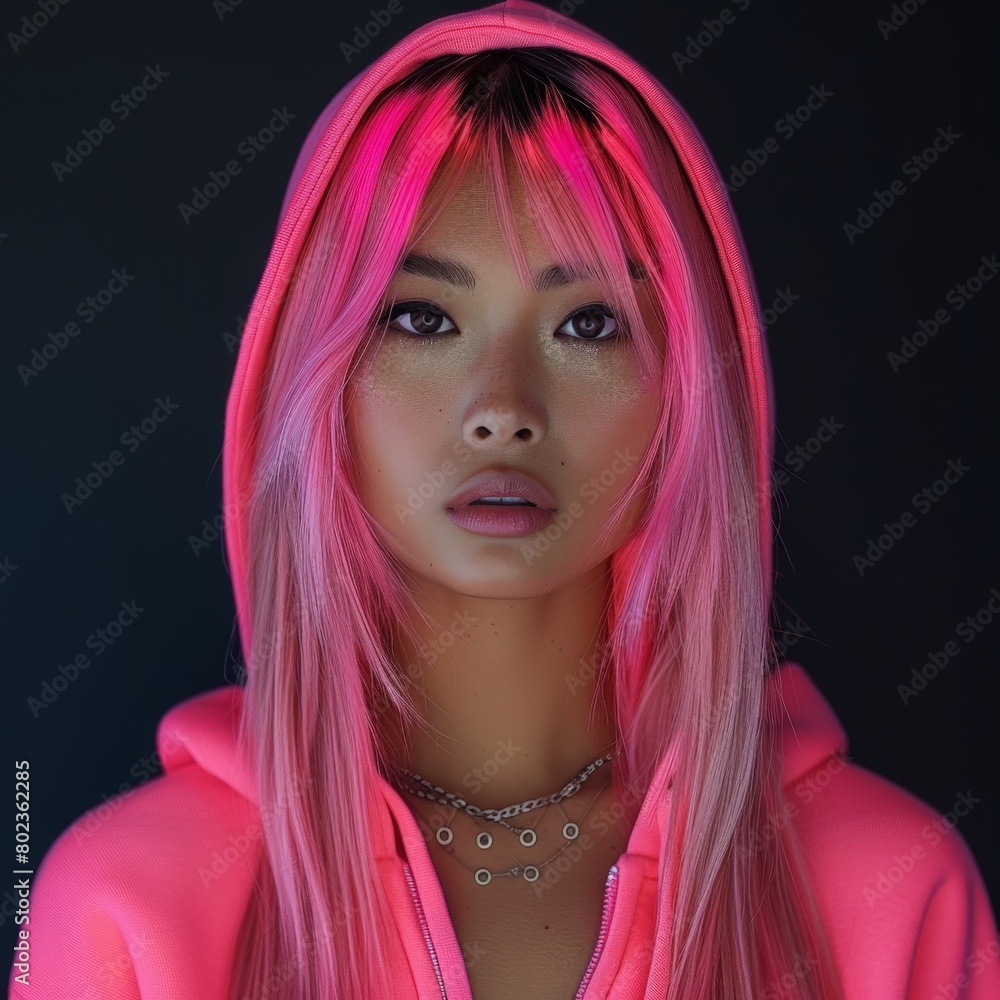 Woman With Pink Hair Wearing Pink Hoodie Woman With Pink Hair Wearing Pink Hoodie