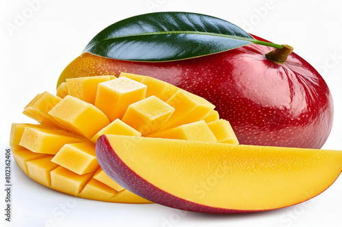 Isolated mango. Fresh organic mango with leaves isolated clipping path. Mango macro studio photo.
