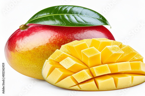 Isolated mango. Fresh organic mango with leaves isolated clipping path. Mango macro studio photo.
